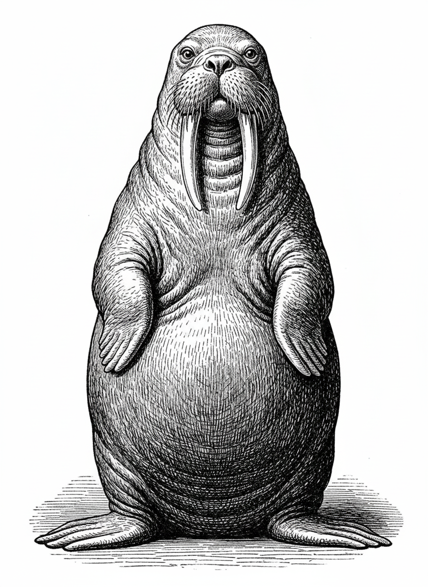 Whiskers the Walrus - Black & White Illustration