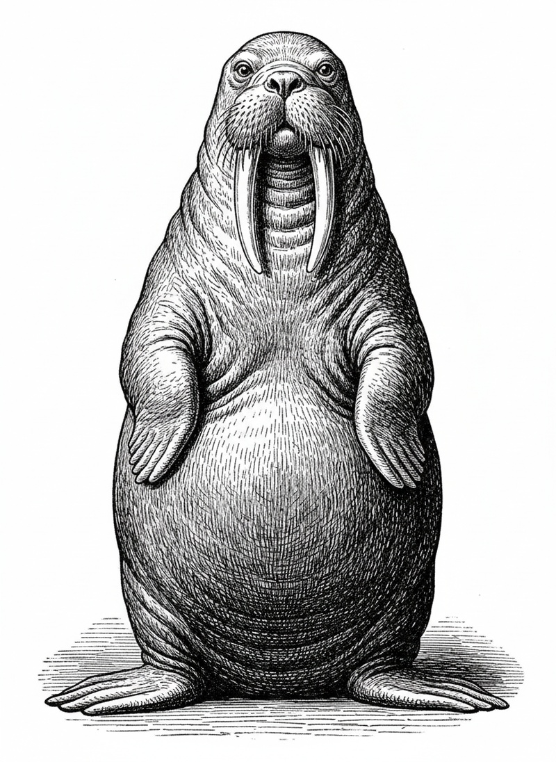 Whiskers the Walrus in Victorian Illustration - Black & White Illustration