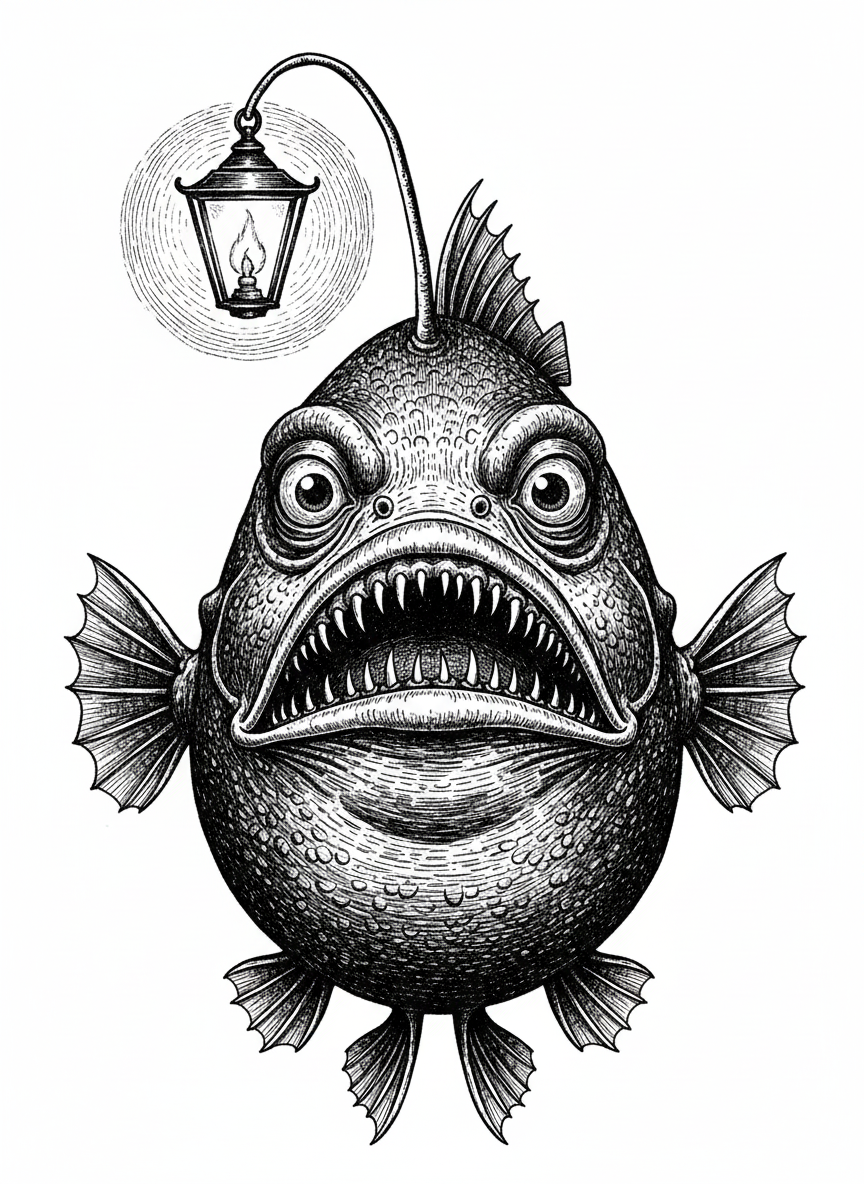 Glimmer the Anglerfish - Black & White Illustration