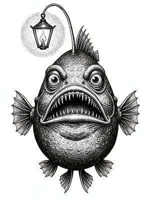 Glimmer the Anglerfish in Victorian Illustration - Black & White Illustration