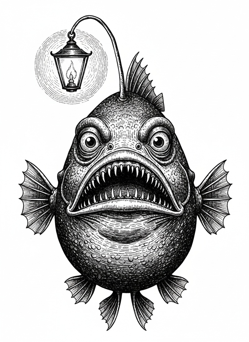 Glimmer the Anglerfish in Victorian Illustration - Black & White Illustration