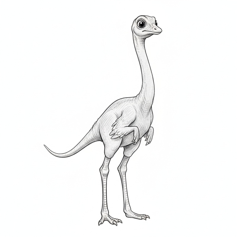 Dash the Gallimimus in Gentle Pencil - Black & White Illustration