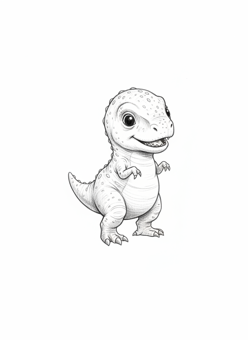 Chomper the Baby T-Rex - Black & White Illustration