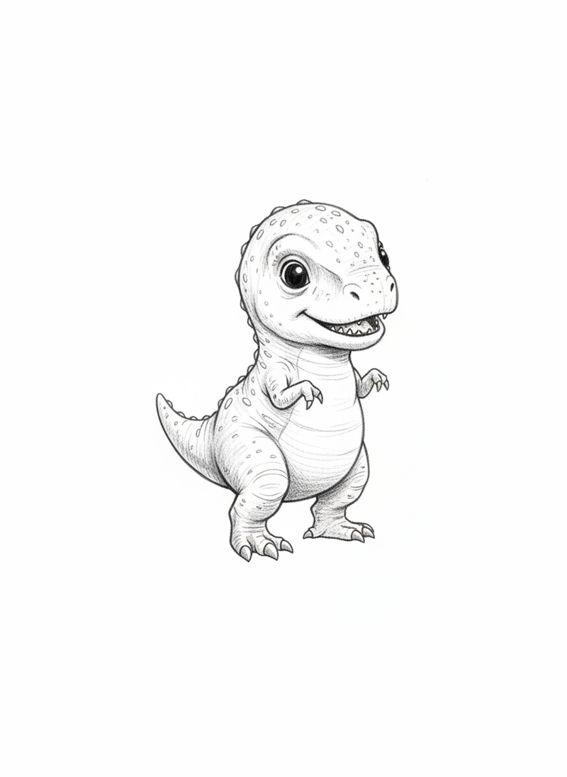 Chomper the Baby T-Rex in Gentle Pencil - Black & White Illustration