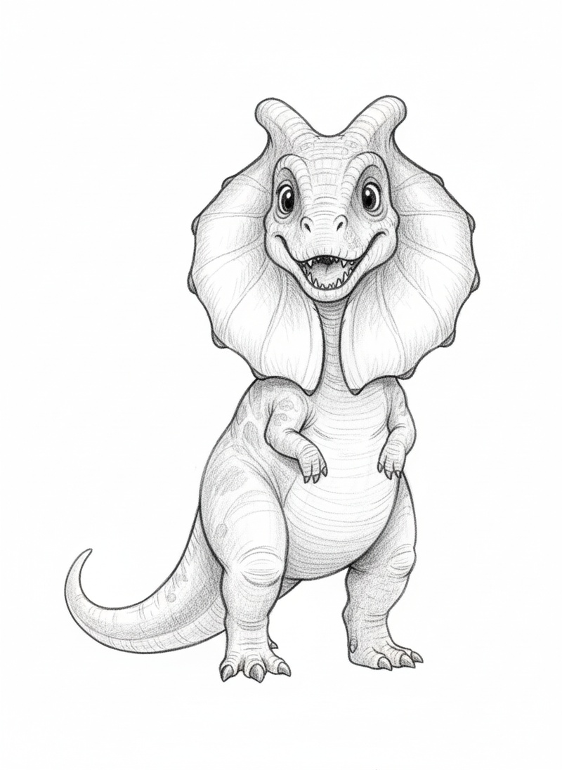 Spitter the Dilophosaurus in Gentle Pencil - Black & White Illustration
