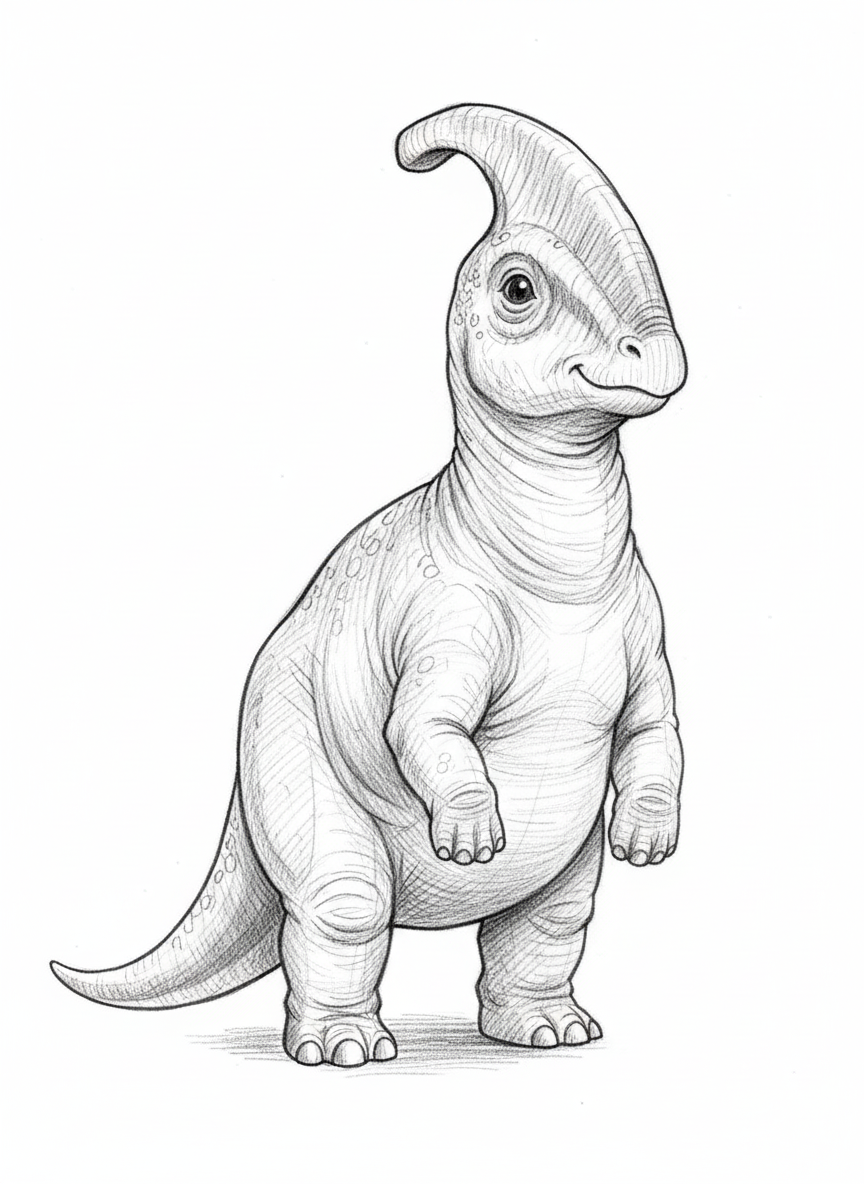 Crest the Parasaurolophus - Black & White Illustration