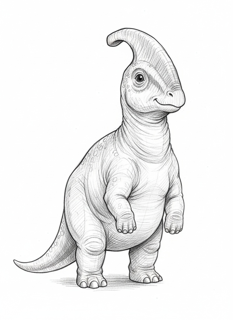 Crest the Parasaurolophus in Gentle Pencil - Black & White Illustration