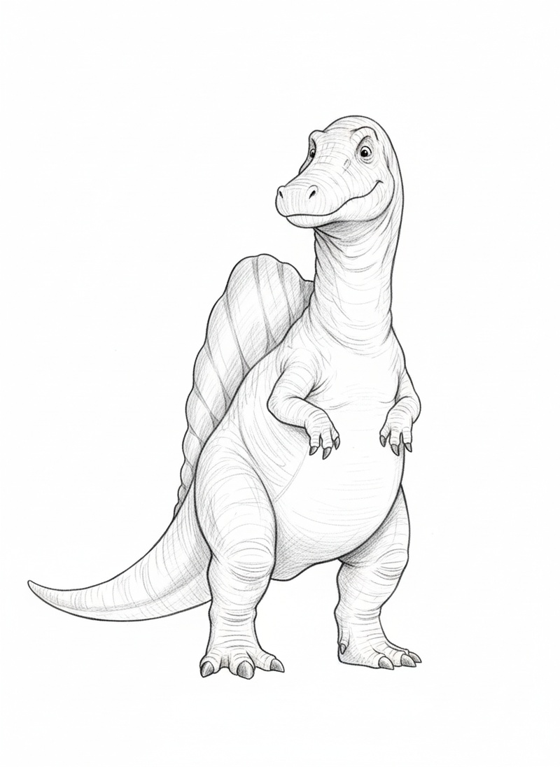 Spiney the Spinosaurus in Gentle Pencil - Black & White Illustration