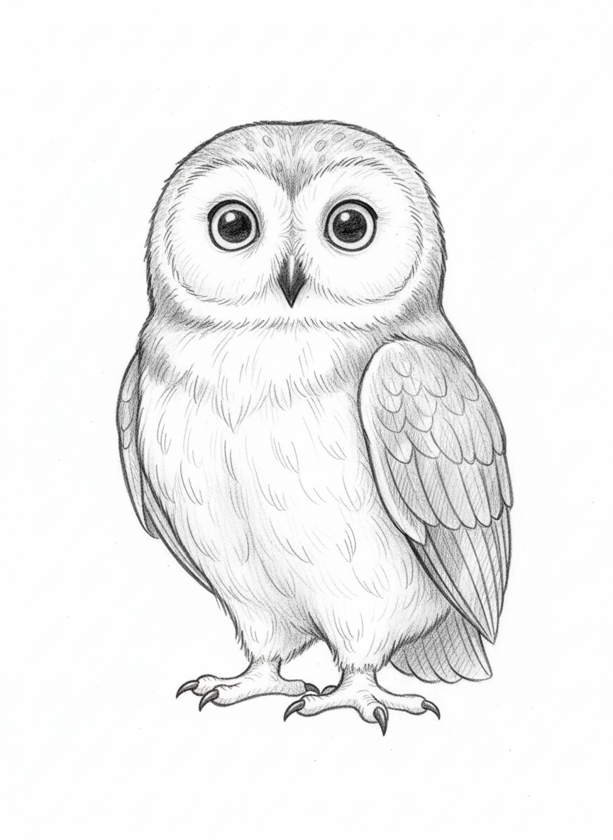 Scout the Wise Owl - Black & White Illustration