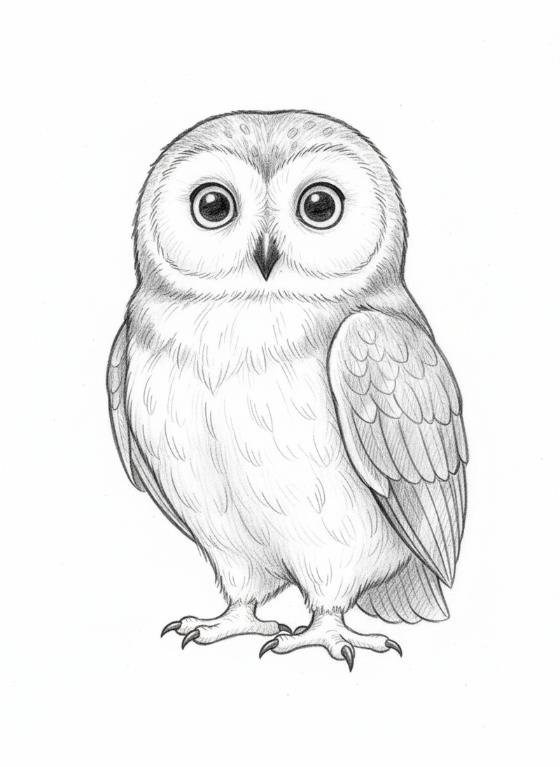 Scout the Wise Owl in Gentle Pencil - Black & White Illustration