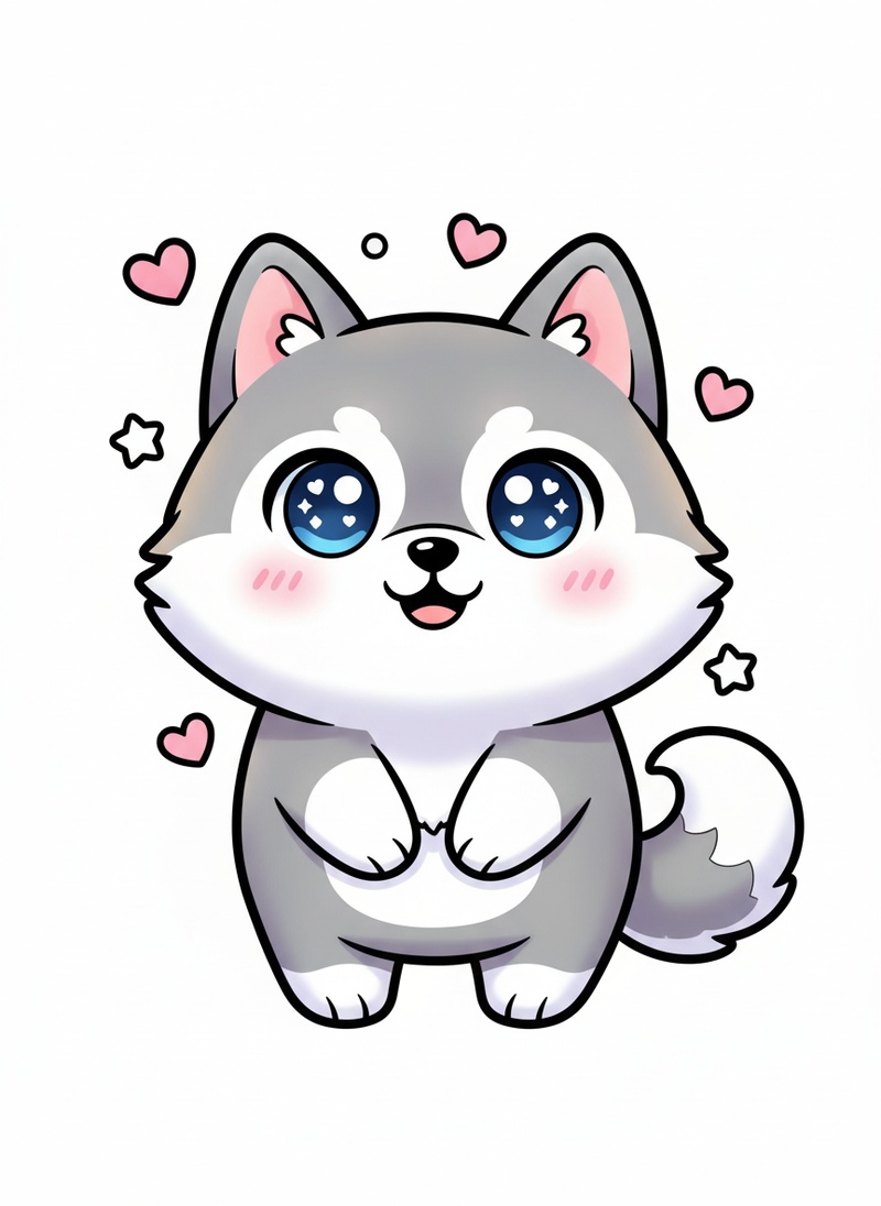 Luna the Curious Husky in Kawaii Cute - Full Colored Illustration