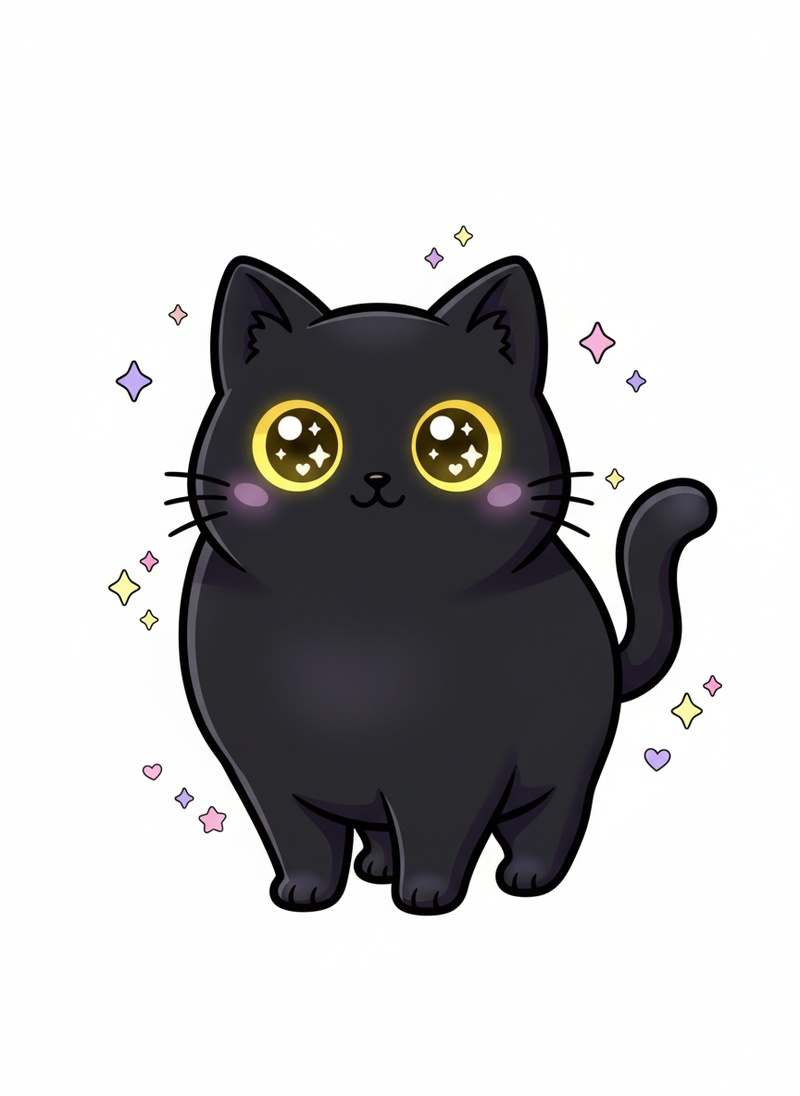 Shadow the Mysterious Black Cat in Kawaii Cute - Full Colored Illustration