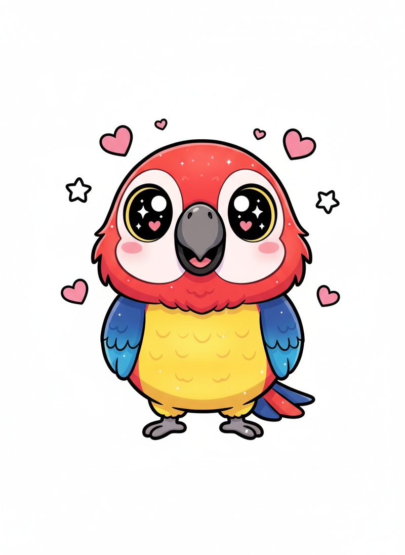 Captain the Chatty Parrot in Kawaii Cute - Full Colored Illustration