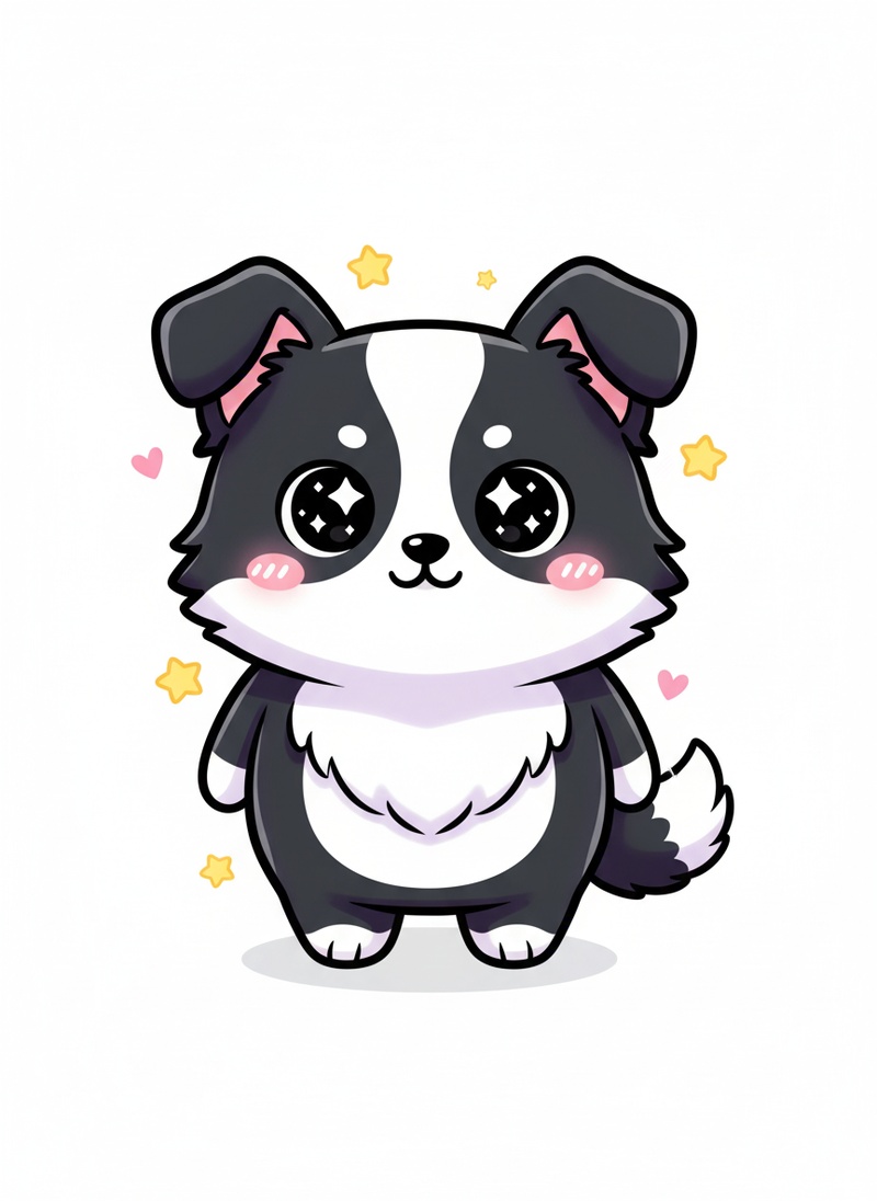 Gizmo the Smart Border Collie in Kawaii Cute - Full Colored Illustration