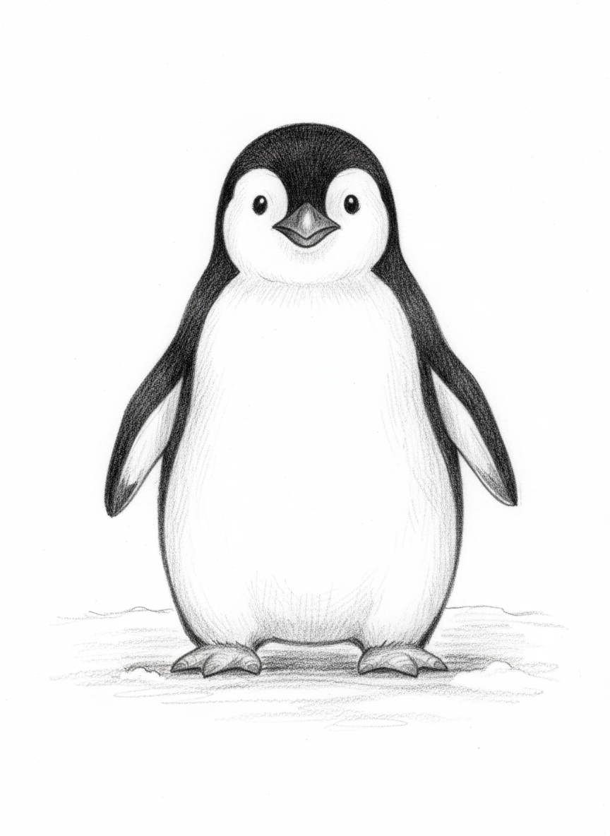 Waddle the Penguin - Black & White Illustration