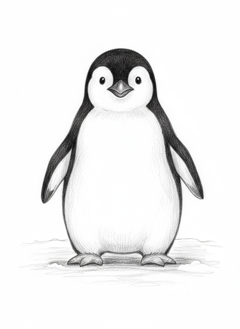 Waddle the Penguin in Gentle Pencil - Black & White Illustration