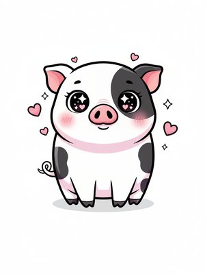 Pepper the Miniature Pig in Kawaii Cute - Full Colored Illustration