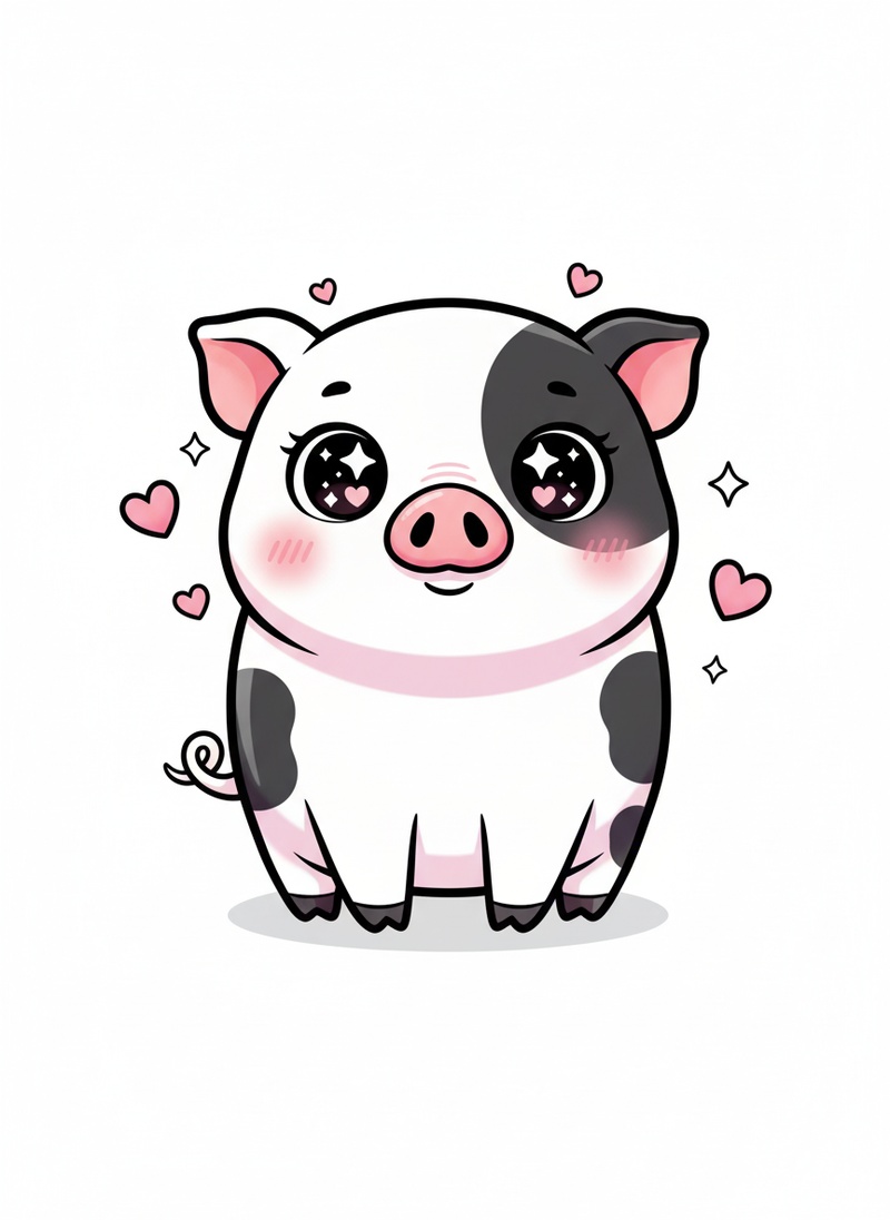 Pepper the Miniature Pig in Kawaii Cute - Full Colored Illustration