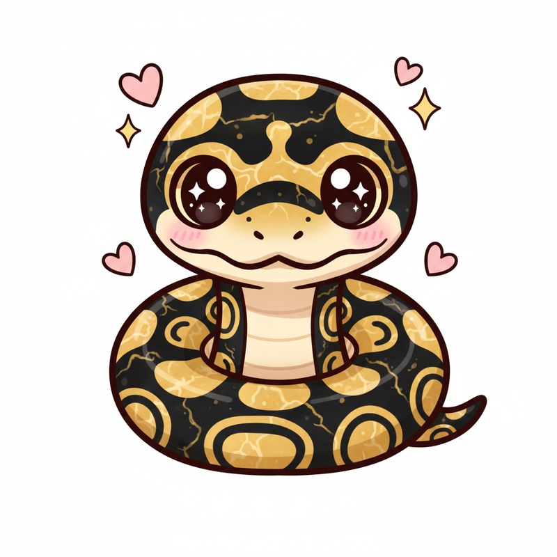Marble the Ball Python in Kawaii Cute - Full Colored Illustration