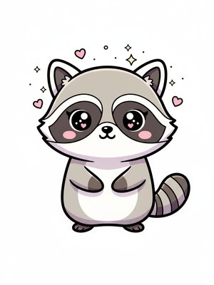 Bandit the Pet Raccoon in Kawaii Cute - Full Colored Illustration