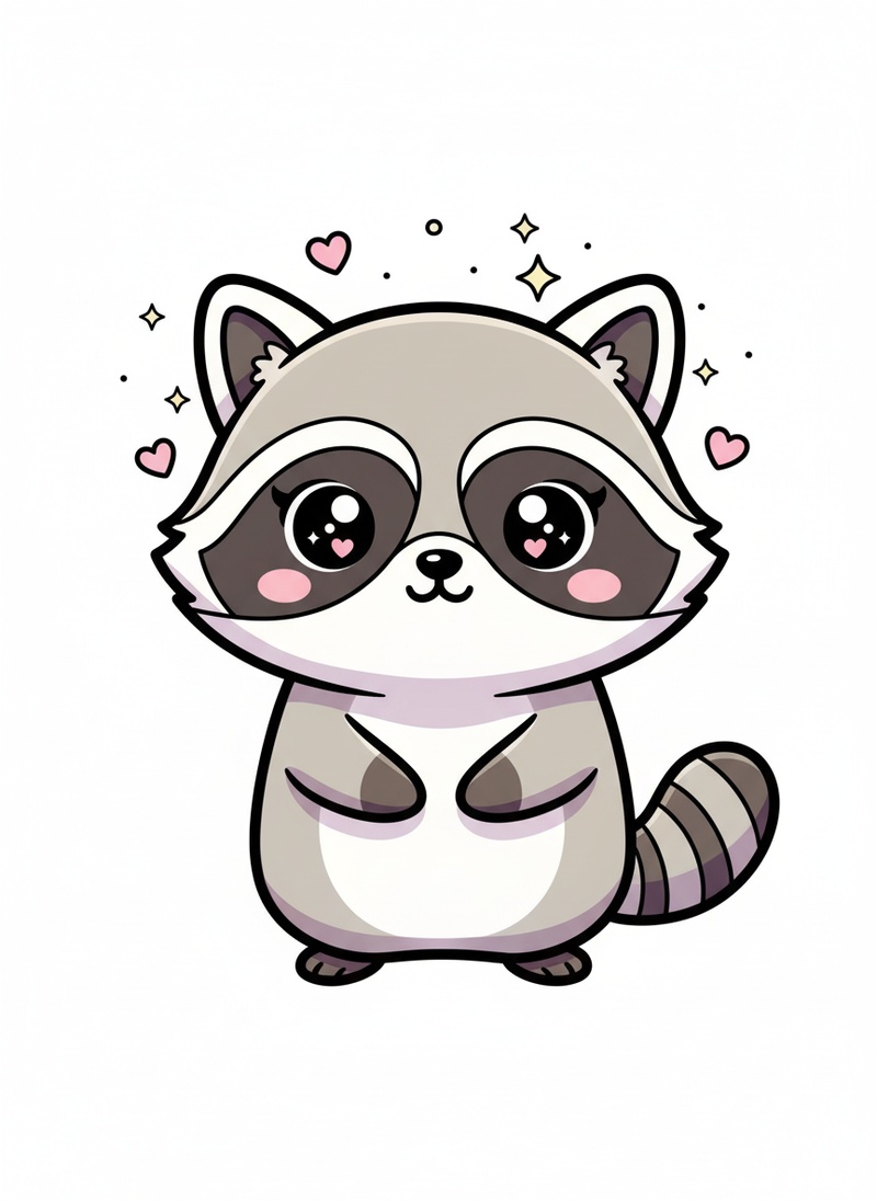 Bandit the Pet Raccoon in Kawaii Cute - Full Colored Illustration