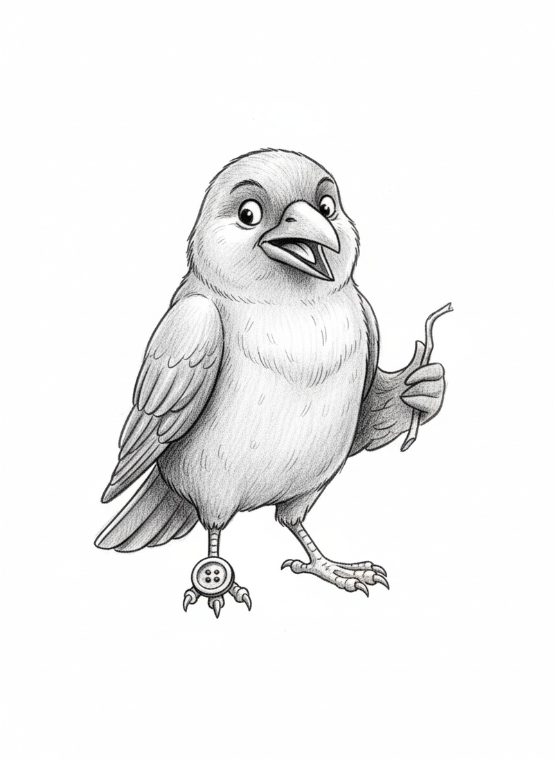 Squawk the Crow in Gentle Pencil - Black & White Illustration