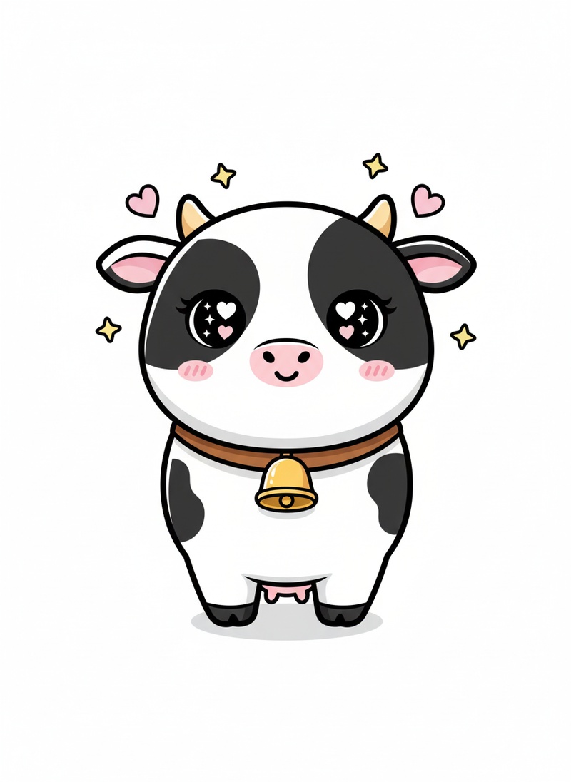 Bessie the Gentle Dairy Cow in Kawaii Cute - Full Colored Illustration