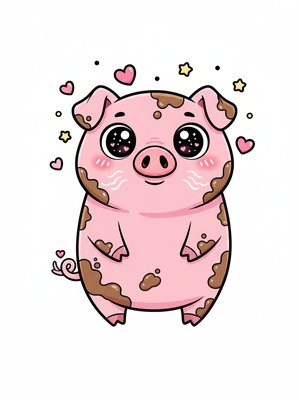 Muddles the Messy Pig in Kawaii Cute - Full Colored Illustration