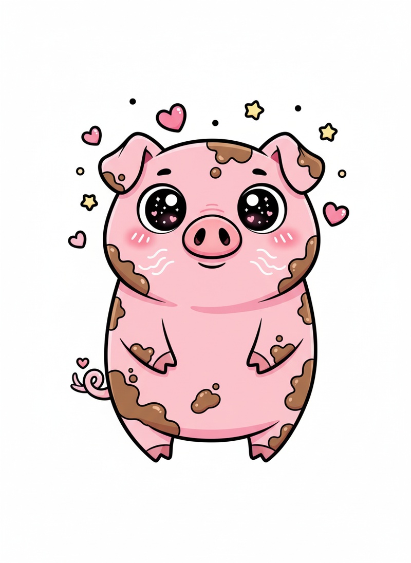 Muddles the Messy Pig in Kawaii Cute - Full Colored Illustration