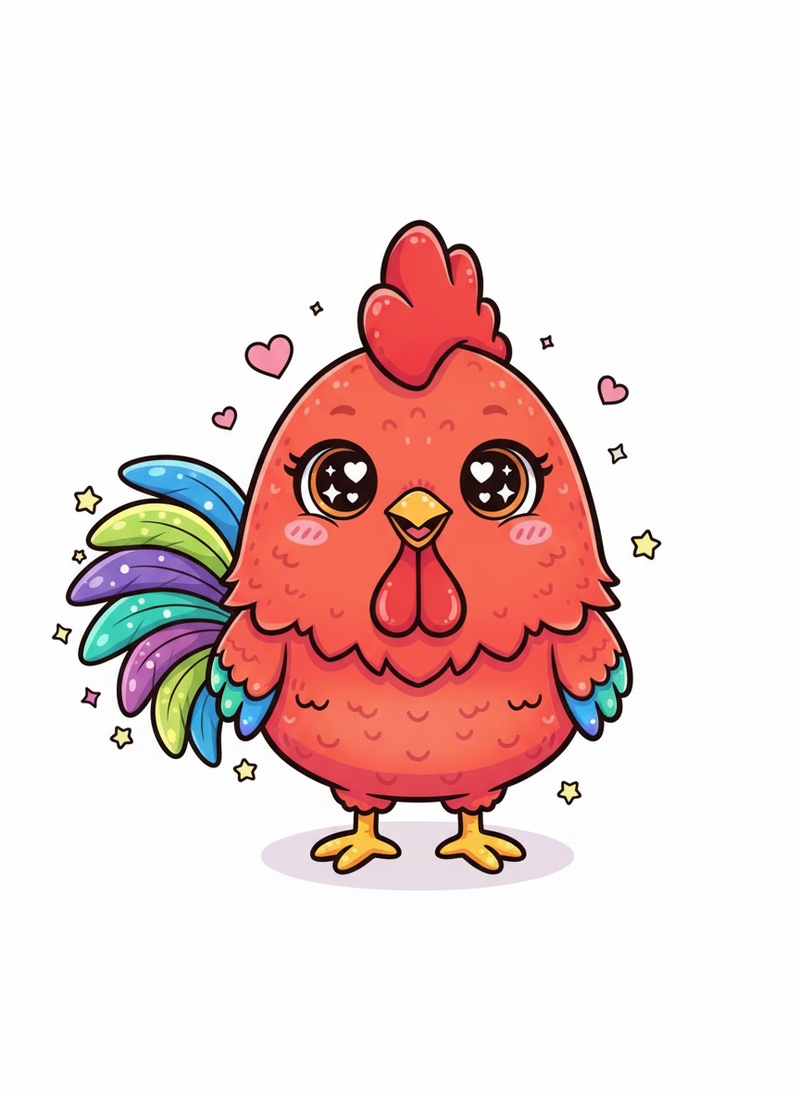 Rooster Red the Proud Cockerel in Kawaii Cute - Full Colored Illustration
