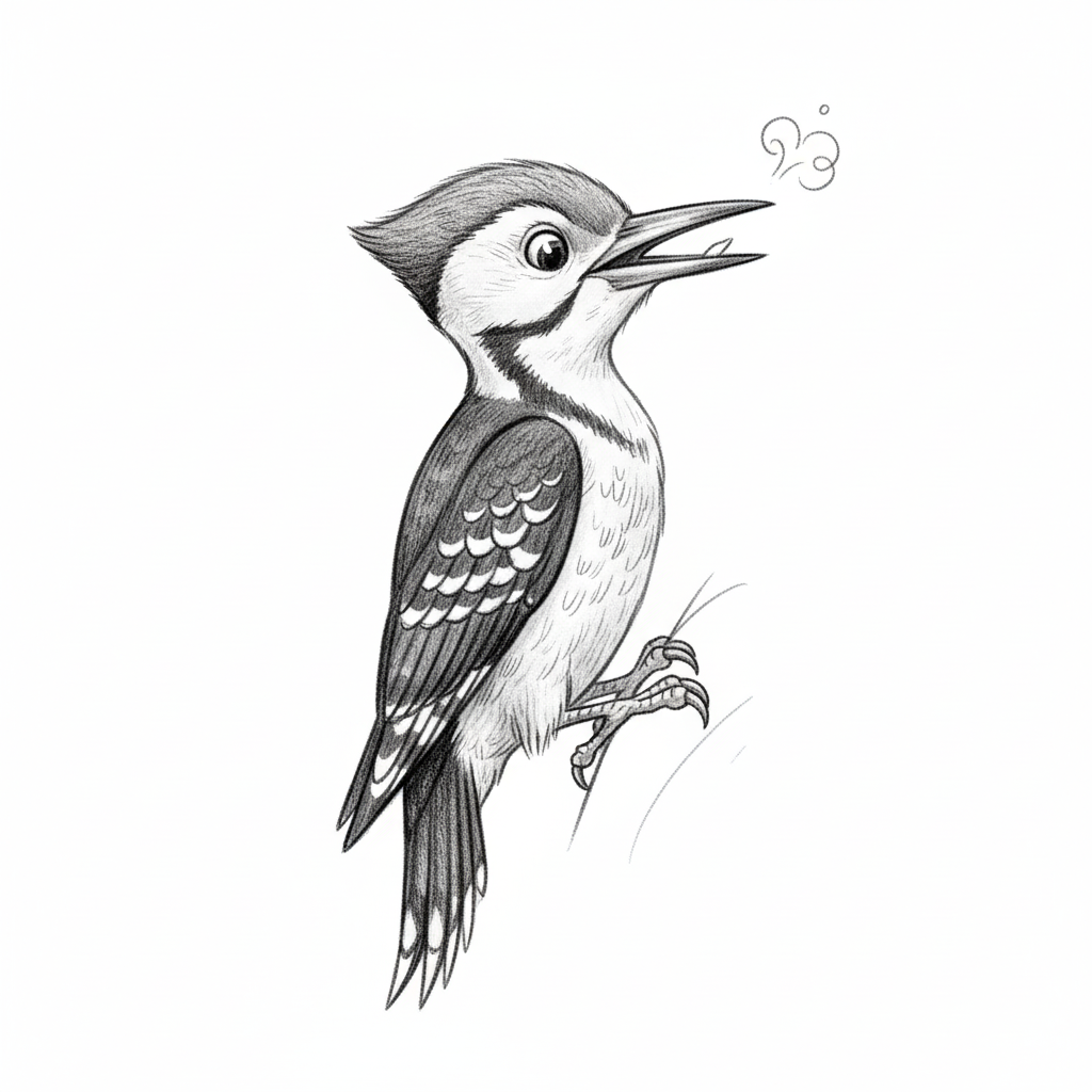 Peck the Woodpecker - Black & White Illustration