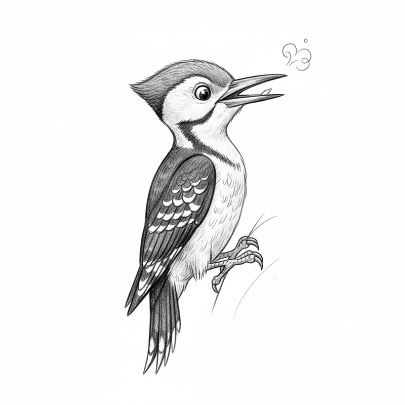 Peck the Woodpecker in Gentle Pencil - Black & White Illustration