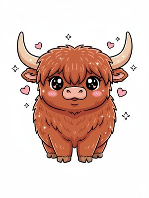 Angus the Highland Bull in Kawaii Cute - Full Colored Illustration
