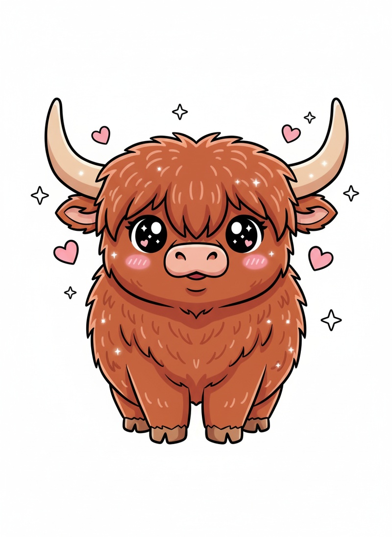 Angus the Highland Bull in Kawaii Cute - Full Colored Illustration