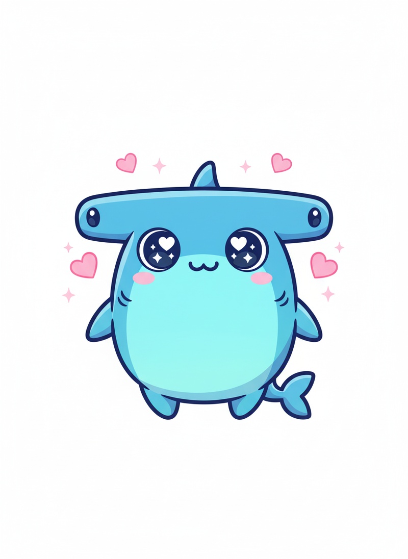 Chomper the Fierce Hammerhead in Kawaii Cute - Full Colored Illustration