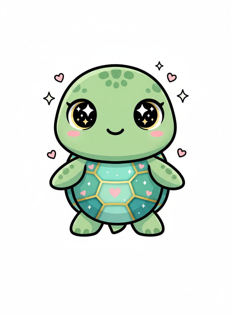 Shelly the Sea Turtle in Kawaii Cute - Full Colored Illustration