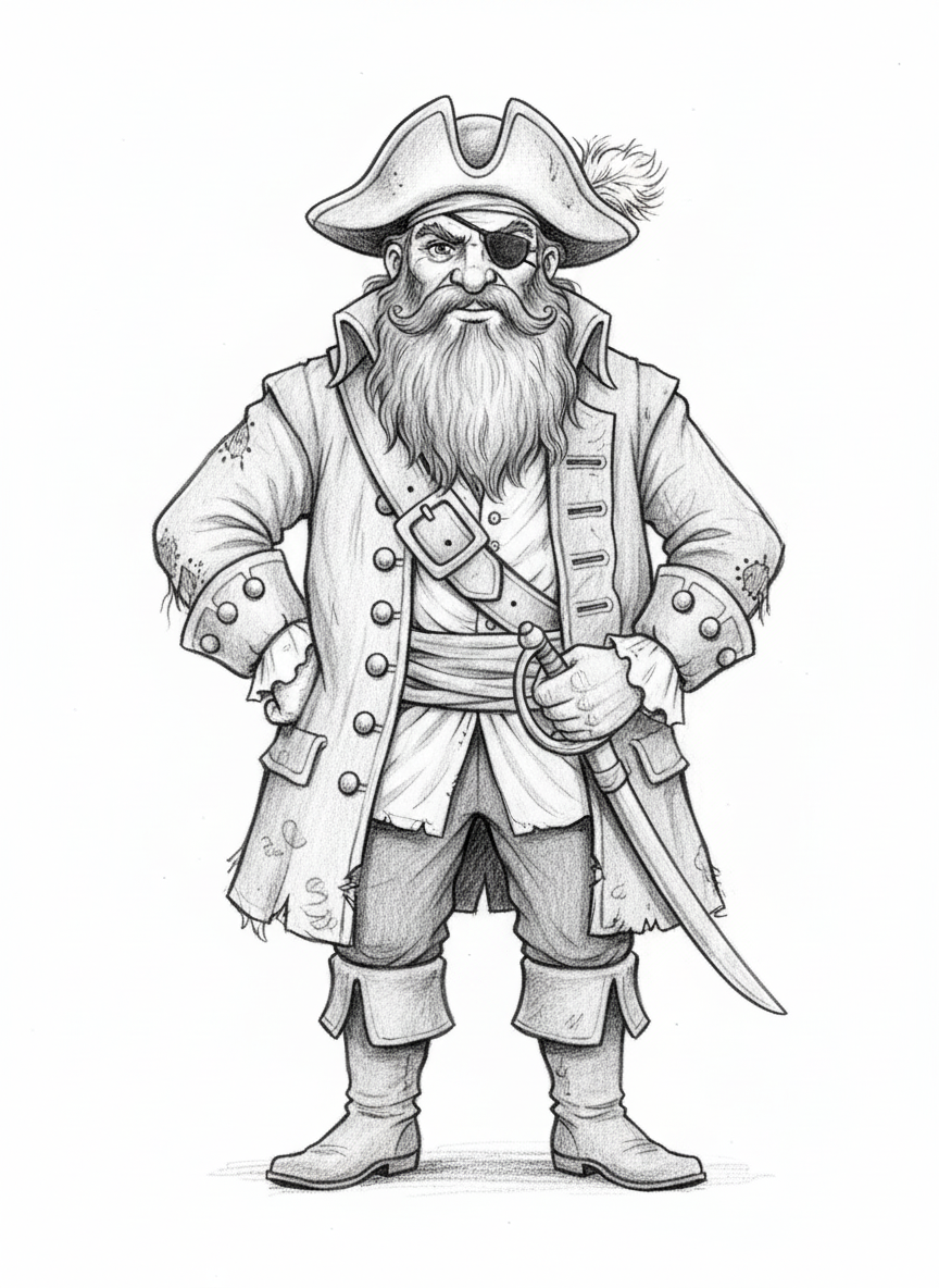Captain Redbeard the Pirate - Black & White Illustration
