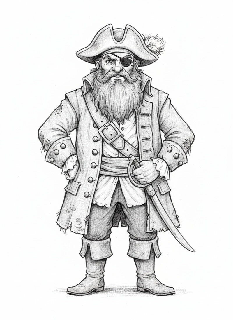 Captain Redbeard the Pirate in Gentle Pencil - Black & White Illustration