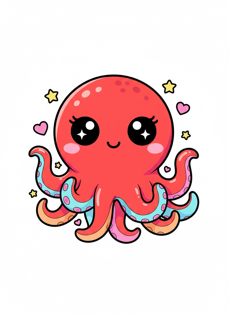 Inky the Clever Octopus in Kawaii Cute - Full Colored Illustration
