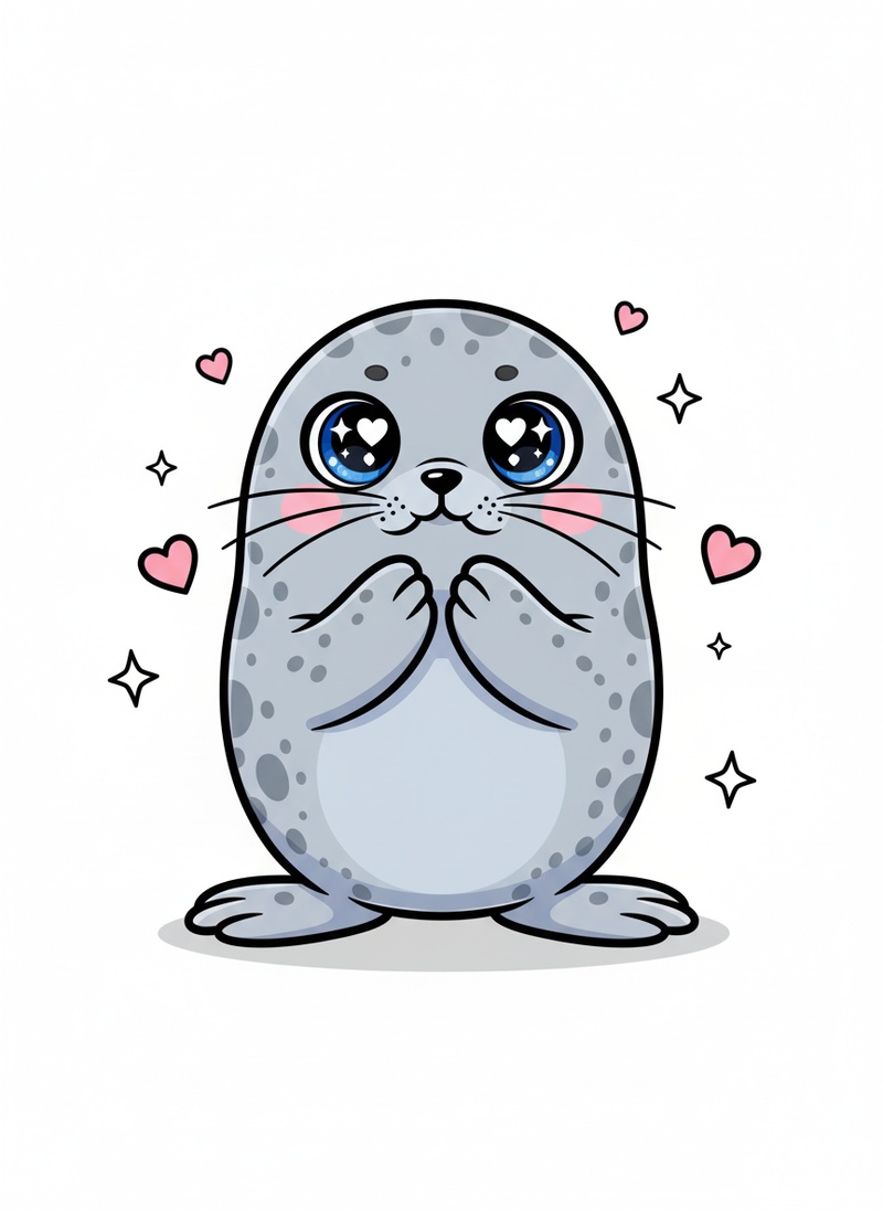 Giggles the Playful Seal in Kawaii Cute - Full Colored Illustration