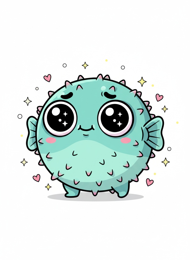 Spike the Pufferfish in Kawaii Cute - Full Colored Illustration