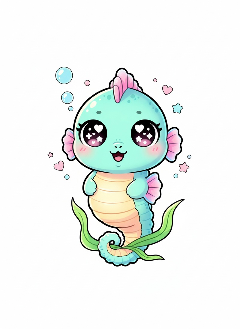 Squirt the Baby Seahorse in Kawaii Cute - Full Colored Illustration