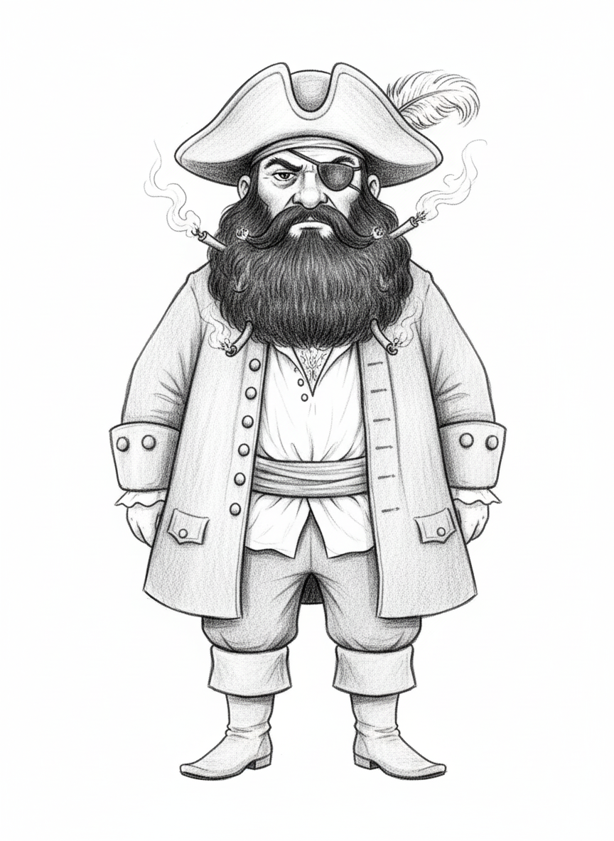 Blackbeard the Villain Pirate - Black & White Illustration