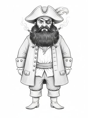 Blackbeard the Villain Pirate in Gentle Pencil - Black & White Illustration