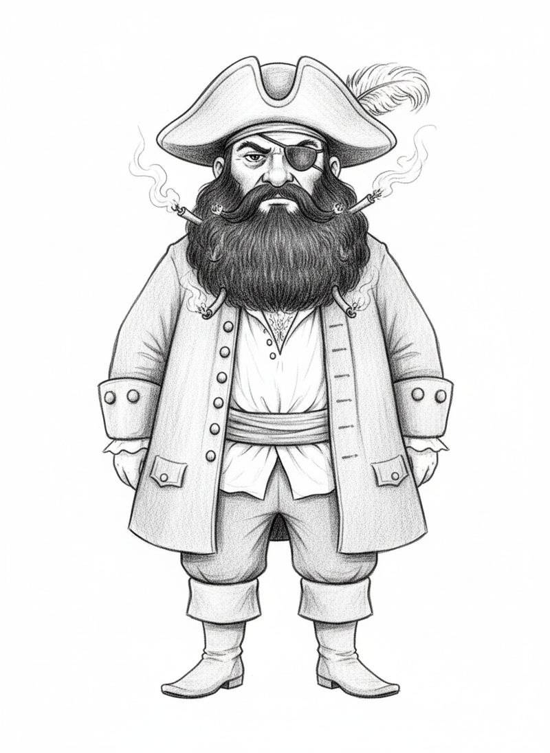 Blackbeard the Villain Pirate in Gentle Pencil - Black & White Illustration