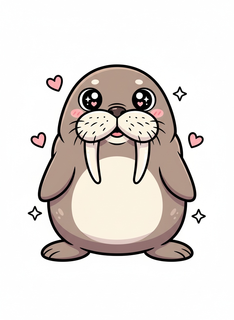 Whiskers the Walrus in Kawaii Cute - Full Colored Illustration
