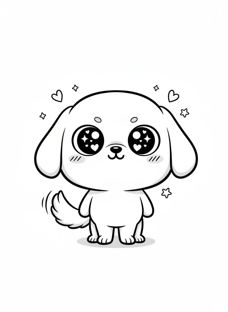 Max the Loyal Golden Retriever in Kawaii Cute - Black & White Illustration