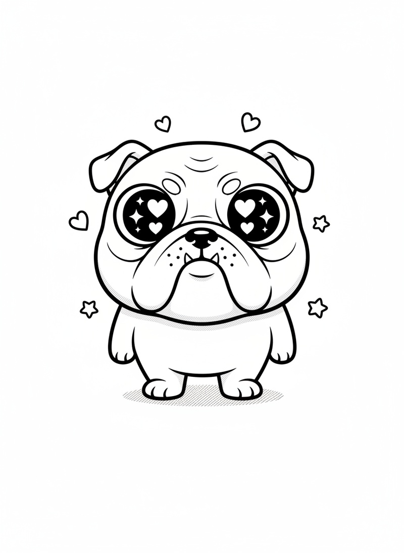 Spike the Tough Bulldog in Kawaii Cute - Black & White Illustration