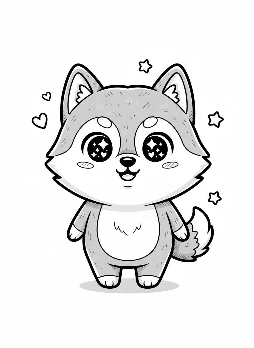 Luna the Curious Husky - Black & White Illustration