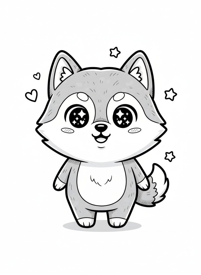 Luna the Curious Husky in Kawaii Cute - Black & White Illustration